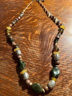 Handcrafted Green and Yellow Beaded Necklace - Unbranded 24”